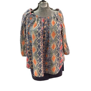 Chaps petite cotton peasant Blouse, Size L, Blue Multi